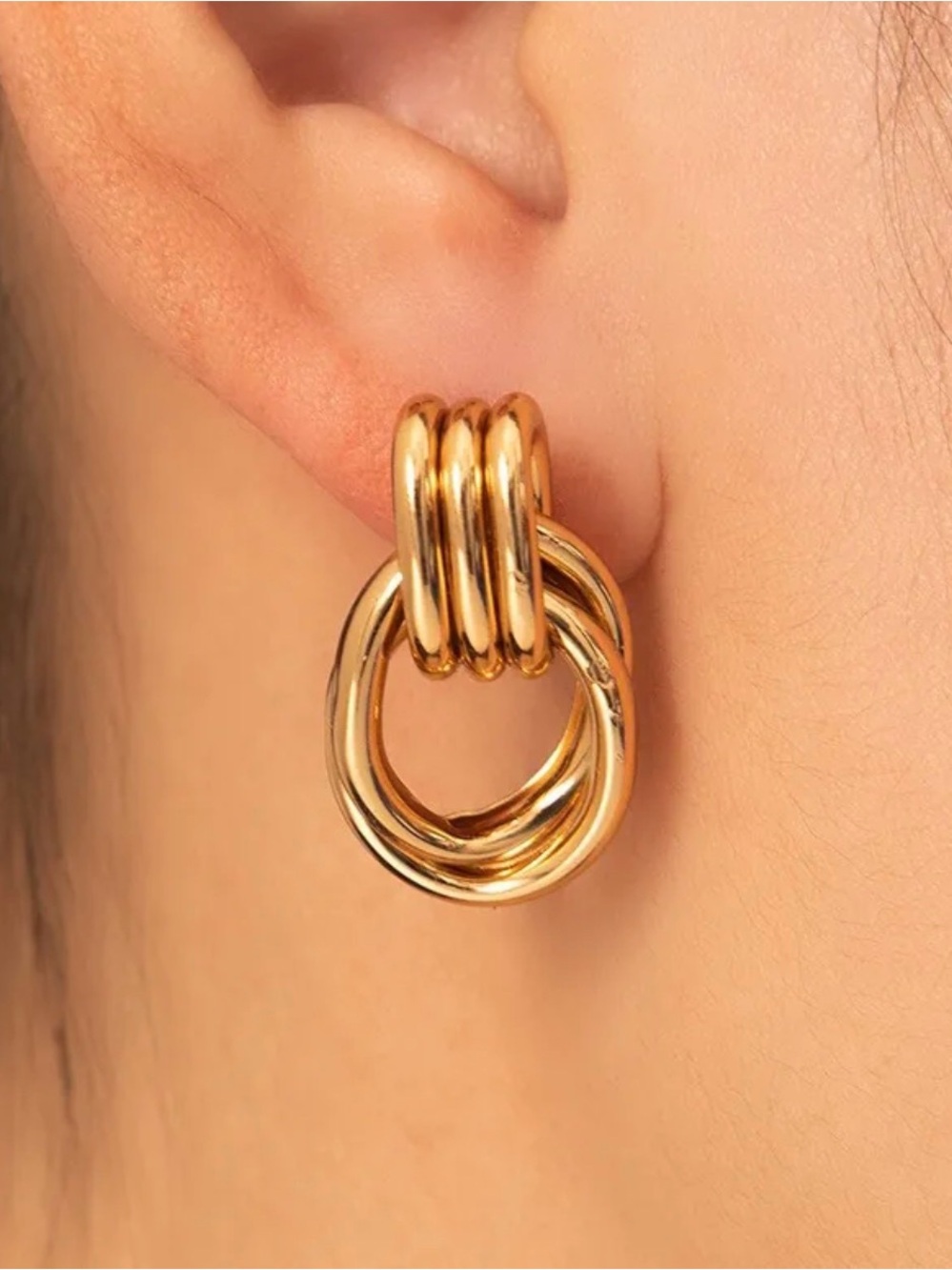 18k Gold chunky Interlocking Hoop Drop Earrings - Women Jewelry